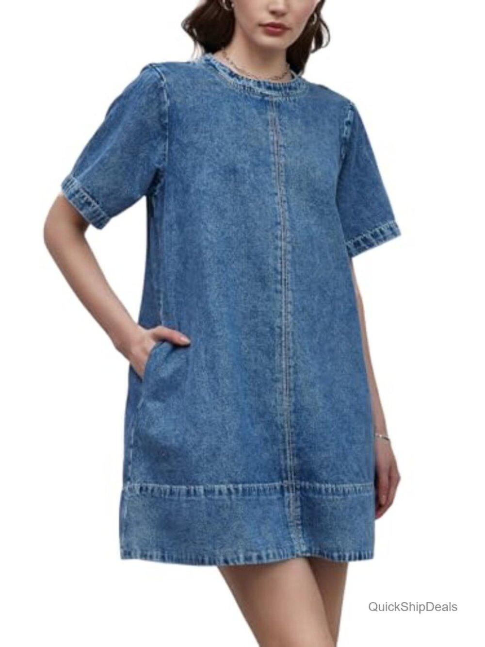 Chambray Denim Mini Dress Short Sleeve Crew Neck Loose Fit Plus Size with